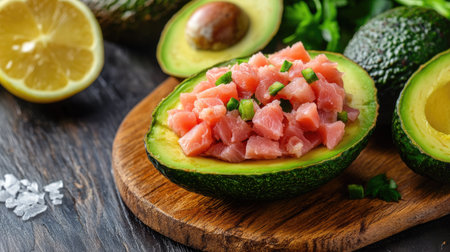 Daylight photo of keto avocado stuffed with tuna, surrounded by clean ingredients, rustic table surface adds contrastの素材