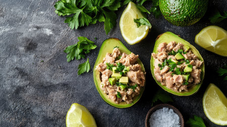 Daylight photo of keto avocado stuffed with tuna, surrounded by clean ingredients, rustic table surface adds contrastの素材