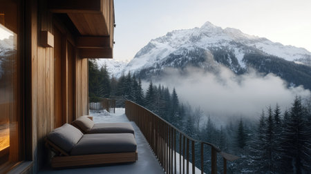Cozy lodge balcony with two cushioned chairs and mist rolling over mountain ridgesの素材
