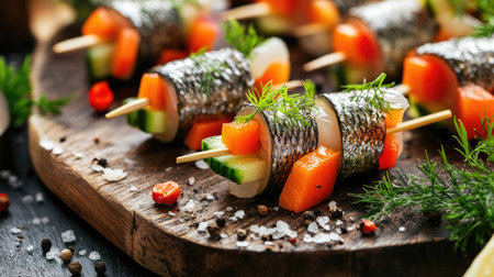 Decorative appetizer with herring rolled around pickled vegetables on skewers, arranged on serving boardの素材