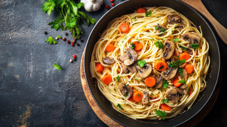 Creamy pasta sauce mixture of mushrooms, carrots and garlic in cooking pot, top view for recipe or editorial useの素材