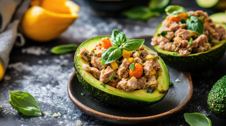 Daylight photo of keto avocado stuffed with tuna, surrounded by clean ingredients, rustic table surface adds contrastの素材