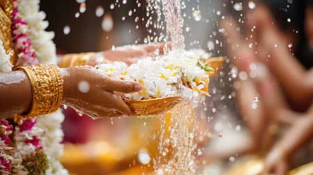 Cultural Songkran celebration with floral water, traditional perfume and jasmine garland offered to golden Buddhaの素材