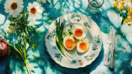 Bright and colorful Thai dish of fried eggs with tamarind sauce, spring onion carvings, and coriander sprigs on porcelain plateの素材