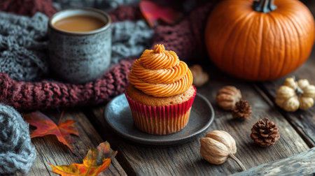 A cozy autumn afternoon scene with pumpkin spice cupcakes, a hot drink, and a knitted blanket in the background.の素材