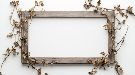 A clean and stylish wooden frame mockup with passepartout, hanging on a white wall with dried plant decorations, perfect for artwork displayの素材