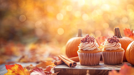 A cozy fall food scene with mini pumpkin spice cupcakes, cinnamon sticks, and an out-of-focus autumn background.の素材