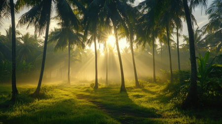 Coconut plantation in early morning mist with soft sunlight filtering through the treesの素材
