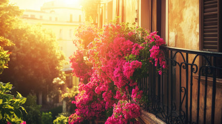 Classic southern balcony with overflowing bougainvillea and vintage iron railings glowing in sunlightの素材