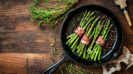 Asparagus and ham bundles in a cast-iron skillet, ready for roasting, with fresh herbs and seasoning scattered around.の素材