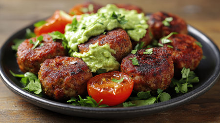 Bright plate of seasoned meatballs served with avocado cream and fresh tomatoes, simple and delicious healthy meal stylingの素材