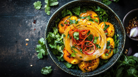 Classic Thai egg dish with fusion twist golden eggs with tamarind glaze, carved onion curls, and fresh herbs top viewの素材