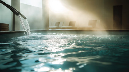 Chic and modern indoor pool in a luxury hotel, sunbeams across water, minimalist decor and tranquil vibeの素材