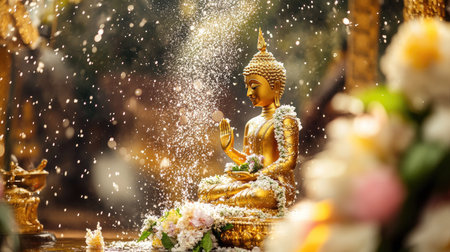 Cultural Songkran celebration with floral water, traditional perfume and jasmine garland offered to golden Buddhaの素材