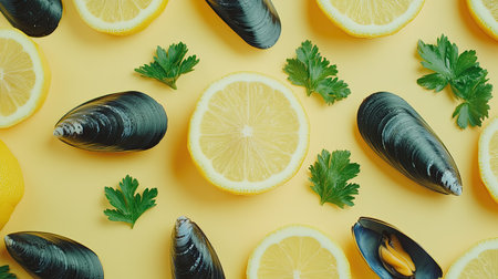 Culinary seafood layout featuring mussels and lemon with parsley for a clean and appetizing compositionの素材
