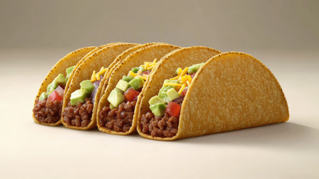 Bright and clean photo of juicy tacos placed on light stone background, topped with avocado, salsa and cheeseの素材
