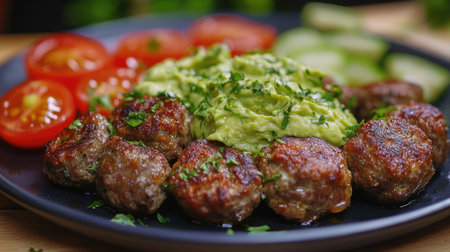 Bright plate of seasoned meatballs served with avocado cream and fresh tomatoes, simple and delicious healthy meal stylingの素材
