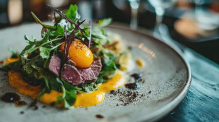 Contemporary beef tartar dish with yolk and greens, plated on neutral-toned plate in close-up with space for promotional textの素材