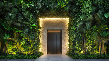Eco-friendly tropical house entrance wrapped in a vertical garden of dense tropical foliage and bamboo wall elementsの素材