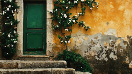 Earth-toned wall with green French door, climbing jasmine, and weathered steps in the South of Franceの素材
