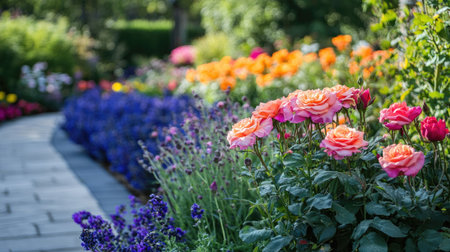 Dreamy soft-focus shot of blooming flowers in a natural garden setting with warm natural tonesの素材