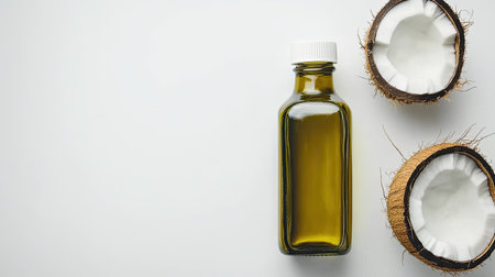 Eco-friendly packaging of coconut oil bottle on white surface for clean and minimal product presentationの素材