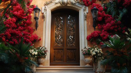 Detailed view of Italian front step with hand-carved door, fresh flowers, and lantern-style lightingの素材