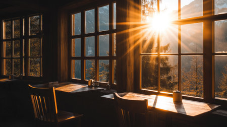 Dreamy mountain caf at sunrise, warm light pouring through windows, coffee ready on the tableの素材