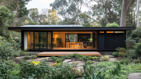 Energy-saving house with rooftop solar panels, rainwater-friendly native garden, and spacious daylight-filled windowsの素材