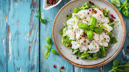 Elegant flat lay of fresh fish salad with creamy sauce on the side, placed on textured wooden boards, close-up from aboveの素材