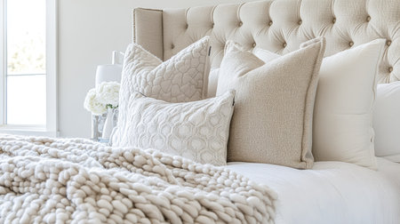 Elegant bedroom design with a padded headboard, warm blankets, and clean, contemporary stylingの素材