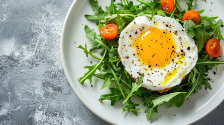 Elegant filet tartar with yolk and rucola on white plate, close-up shot with negative space ideal for restaurant branding or textの素材