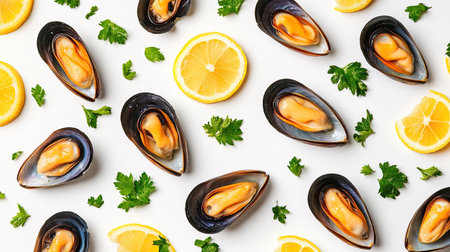 Elegant arrangement of cooked mussels with bright lemon slices and green parsley on plain white backgroundの素材