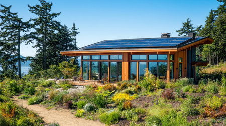 Energy-efficient modern home with solar energy roof, garden filled with native species, and floor-to-ceiling windowsの素材