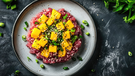 Elegant seafood tartare with fresh tuna, mango and avocado, topped with green onions and sesame seeds, minimalist top-down viewの素材