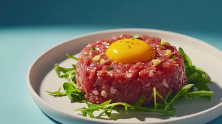 Filet beef tartar served raw with golden yolk and rucola, modern close-up shot on design plate with minimalist empty backgroundの素材