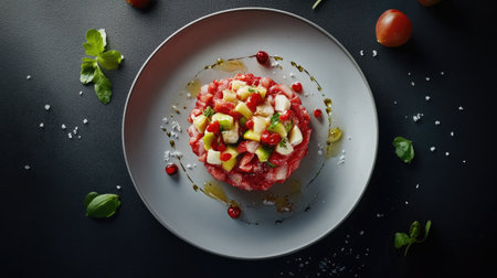 Fine dining beef tartare surrounded by artfully arranged vegetables on a plate, modern gourmet top view shotの素材
