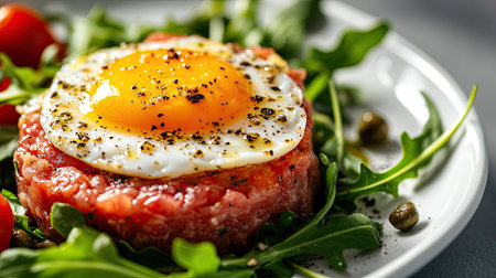 Filet tartar topped with egg yolk, paired with arugula and capers, close-up food styling on modern dish with clean backgroundの素材