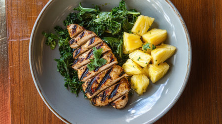 Fitness-friendly meal of grilled chicken, peppery greens, pineapple, and light lemon drizzle on a clean plateの素材