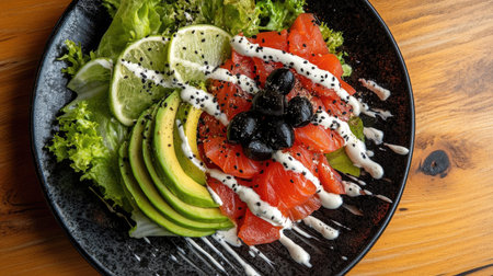 Flat lay of gourmet salad with red fish, avocado, lettuce leaves and black olives, served with heavy cream sauce, rustic wood backdropの素材