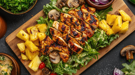 Flat lay of colorful chicken salad made with pineapple and sauted mushrooms on wooden chopping boardの素材