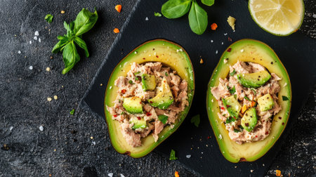 Flat lay of fresh avocado halves stuffed with tuna salad, keto lunch idea on table with kitchen props and warm lightの素材