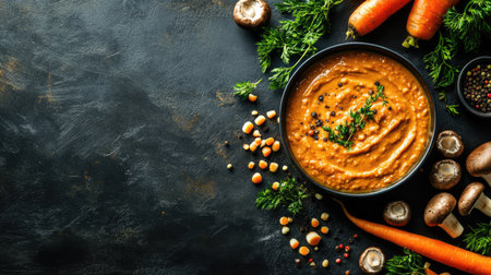 Flat lay of homemade creamy garlic carrot mushroom sauce in pan, golden texture with herbs, clean surface and space for designの素材