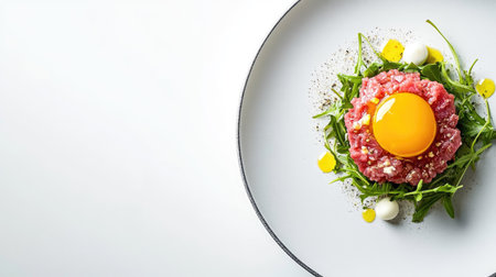 Fine dining tartar with golden egg yolk and rucola, plated on a sleek modern dish in close-up view with empty space on sideの素材