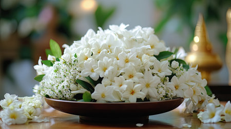 Floral arrangement of jasmine and white rose garland placed on tray for Thai Songkran ceremony and offering ritualsの素材