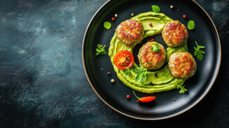Flat lay of meatballs with sliced cherry tomatoes and a swirl of avocado cream, plated on a rustic background for modern food stylingの素材