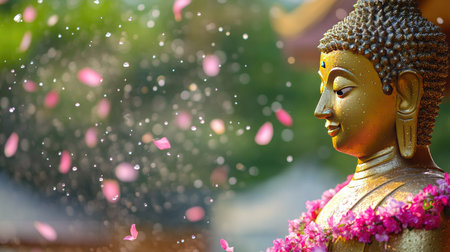 Fragrant water with floating petals sprinkled over golden Buddha statue, jasmine garland in foreground, Thai Songkranの素材