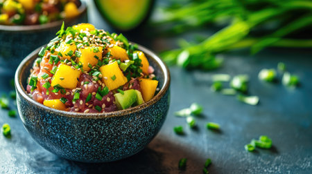 Fresh tropical tartare made of diced tuna, mango and avocado, styled with green onions and sesame for elegant appetizerの素材