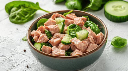 Flat lay of colorful tuna salad with spinach and cucumber on white textured surface, copy space included for marketingの素材