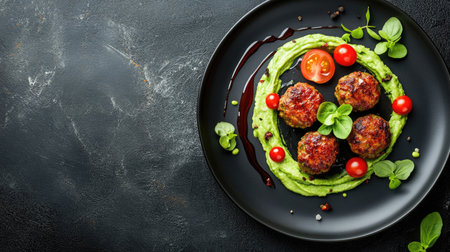 Flat lay of meatballs with sliced cherry tomatoes and a swirl of avocado cream, plated on a rustic background for modern food stylingの素材